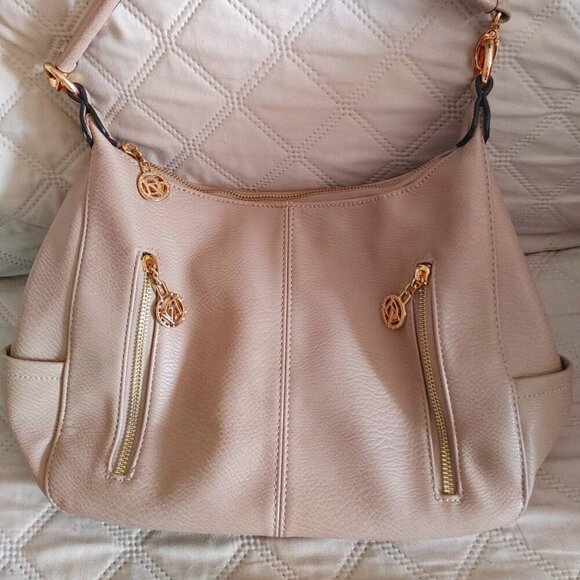LA DIVA Women's Italian Design Beige Hand Bag Hobo Satchel Purse Zippers - Picture 1 of 12
